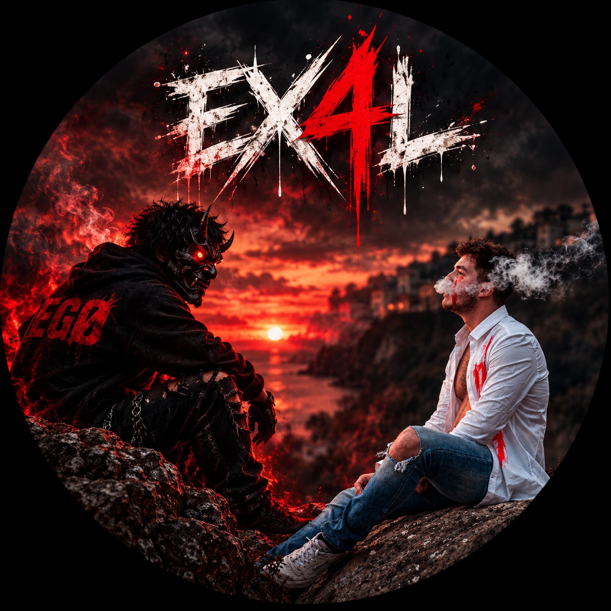 EX4L face au personnage masqué d’EGØ au coucher du soleil, sous le logo EX4L.
